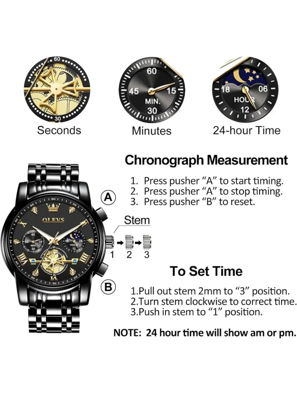Men's Black / Gold Stainless Steel Chronograph Waterproof Quartz Dress Watch